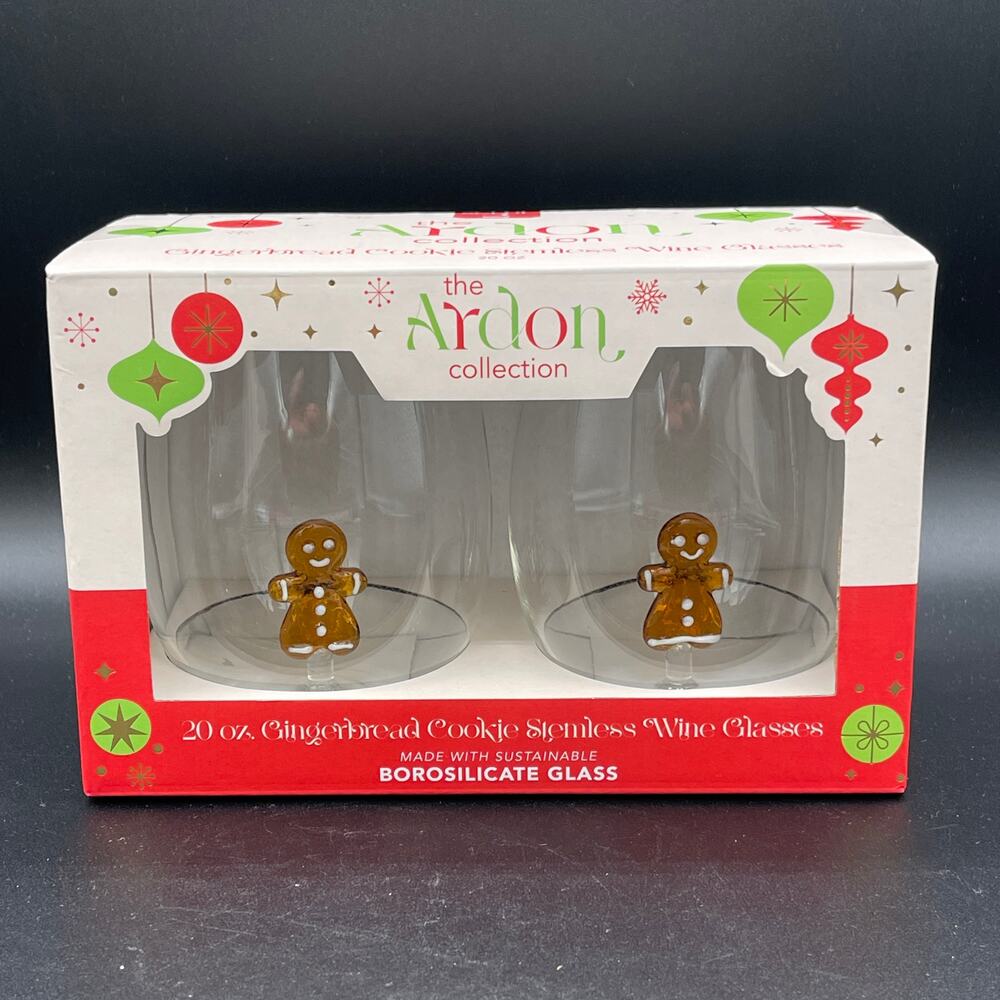 New in Box Ardon Collection Gingerbread Men in Stemless Wine Glasses Set of 2